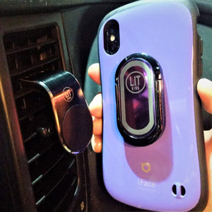 Purple LIT Ring attached to purple phone and demonstrating magnetic car mount